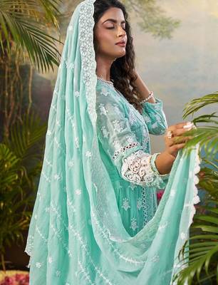 women ethnic motifs embroidered regular thread work  cotton kurta with trousers & with dupatta 2