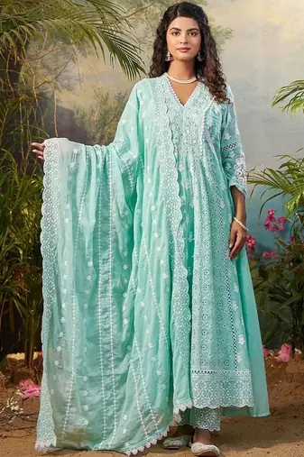 Women Ethnic Motifs Embroidered Regular Thread Work Pure Cotton Kurta with Trousers & With Dupatta