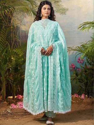 women ethnic motifs embroidered regular thread work  cotton kurta with trousers & with dupatta 5