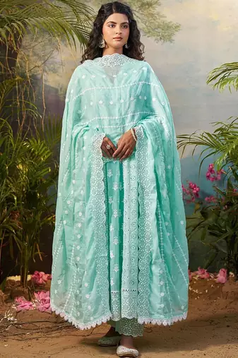 Women Ethnic Motifs Embroidered Regular Thread Work Pure Cotton Kurta with Trousers & With Dupatta