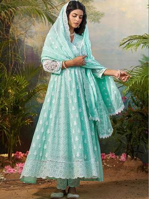 women ethnic motifs embroidered regular thread work  cotton kurta with trousers & with dupatta 6
