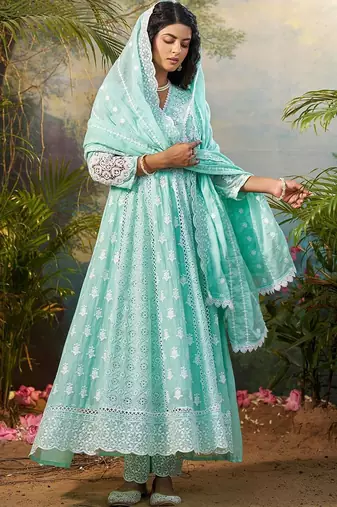 Women Ethnic Motifs Embroidered Regular Thread Work Pure Cotton Kurta with Trousers & With Dupatta