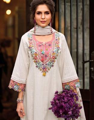 women floral embroidered regular thread work  cotton kurta with trousers & with dupatta 1