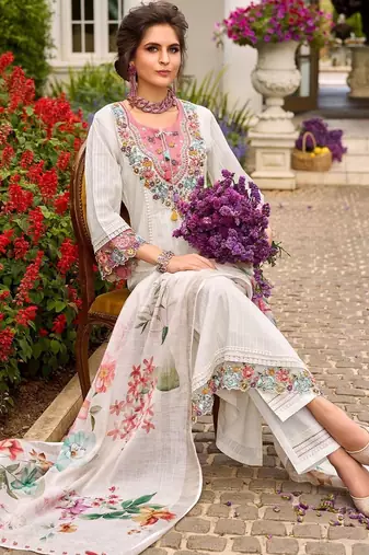 Women Floral Embroidered Regular Thread Work Pure Cotton Kurta with Trousers & With Dupatta