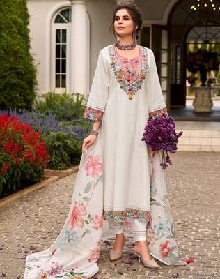 women floral embroidered regular thread work  cotton kurta with trousers & with dupatta 4
