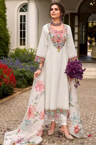 Women Floral Embroidered Regular Thread Work Pure Cotton Kurta with Trousers & With Dupatta