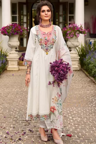 Women Floral Embroidered Regular Thread Work Pure Cotton Kurta with Trousers & With Dupatta