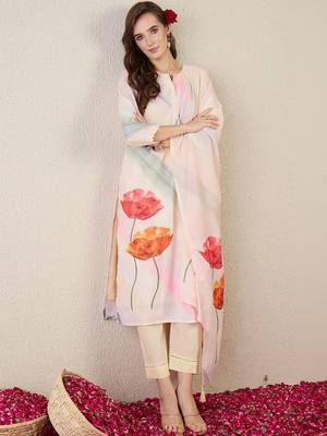 Women Floral Printed Regular Linen Kurta with Trousers & With Dupatta 2
