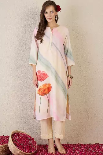 Women Floral Printed Regular Linen Kurta with Trousers & With Dupatta