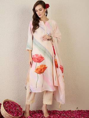 Women Floral Printed Regular Linen Kurta with Trousers & With Dupatta 5