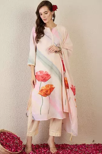 Women Floral Printed Regular Linen Kurta with Trousers & With Dupatta