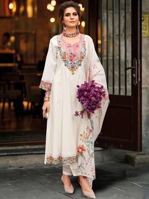 Women Floral Embroidered Regular Thread Work Pure Cotton Kurta with Trousers & With Dupatta 1