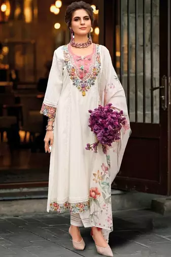 Women Floral Embroidered Regular Thread Work Pure Cotton Kurta with Trousers & With Dupatta