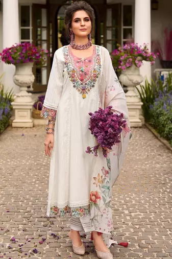 Women Floral Embroidered Regular Thread Work Pure Cotton Kurta with Trousers & With Dupatta
