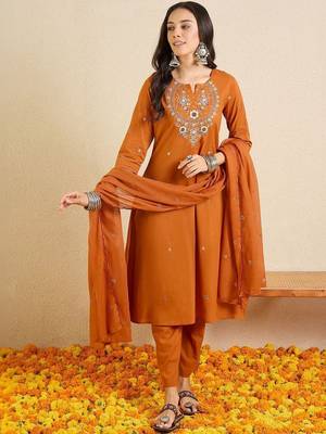 women floral embroidered regular thread work  cotton kurta with trousers & with dupatta 1