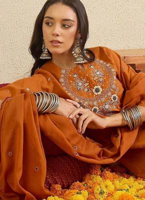 women floral embroidered regular thread work  cotton kurta with trousers & with dupatta 2