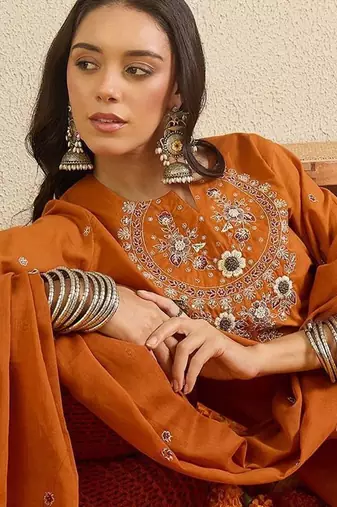 women ethnic motifs embroidered regular thread work  cotton kurta with trousers & with dupatta