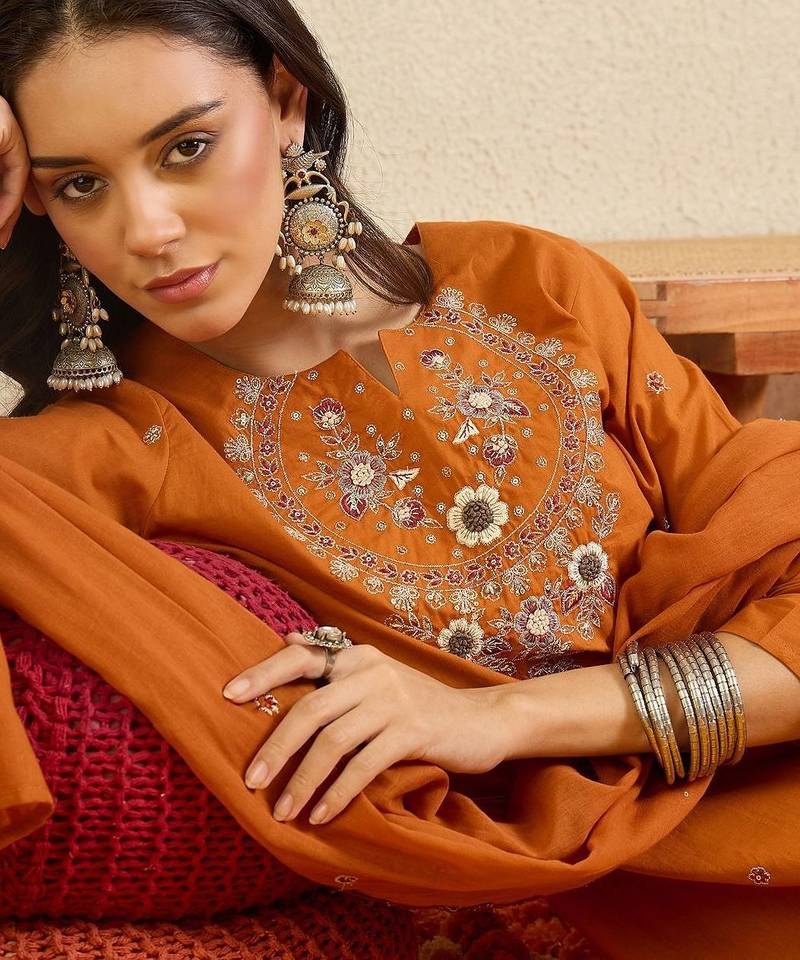 women ethnic motifs embroidered regular thread work  cotton kurta with trousers & with dupatta