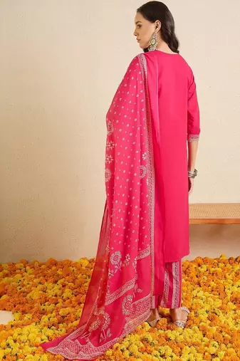 Women Ethnic Motifs Printed Regular Beads and Stones Pure Cotton Kurta with Trousers & With Dupatta