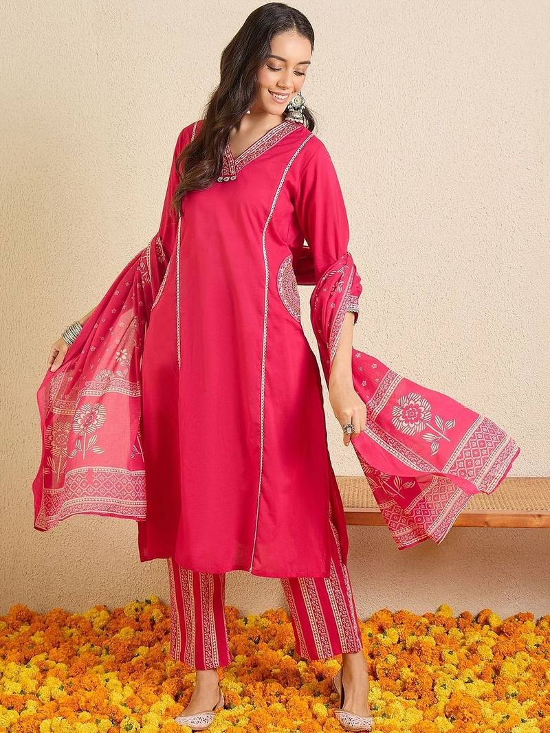 Women Ethnic Motifs Printed Regular Beads and Stones Pure Cotton Kurta with Trousers & With Dupatta