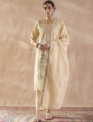 floral embroidered  cotton regular thread work kurta with trousers & dupatta 1