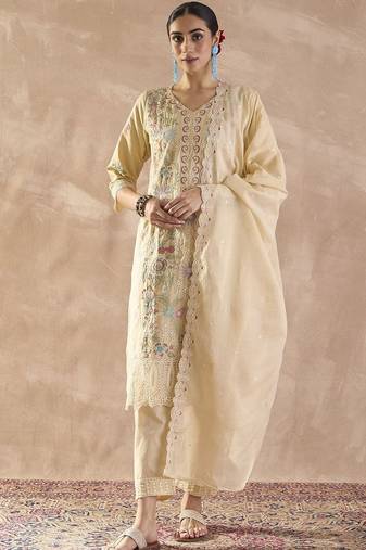 floral embroidered  cotton regular thread work kurta with trousers & dupatta