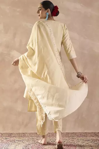 floral embroidered  cotton regular thread work kurta with trousers & dupatta