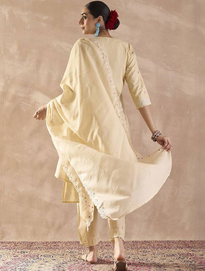 floral embroidered  cotton regular thread work kurta with trousers & dupatta