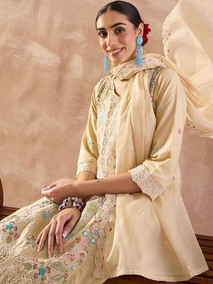 floral embroidered  cotton regular thread work kurta with trousers & dupatta 5