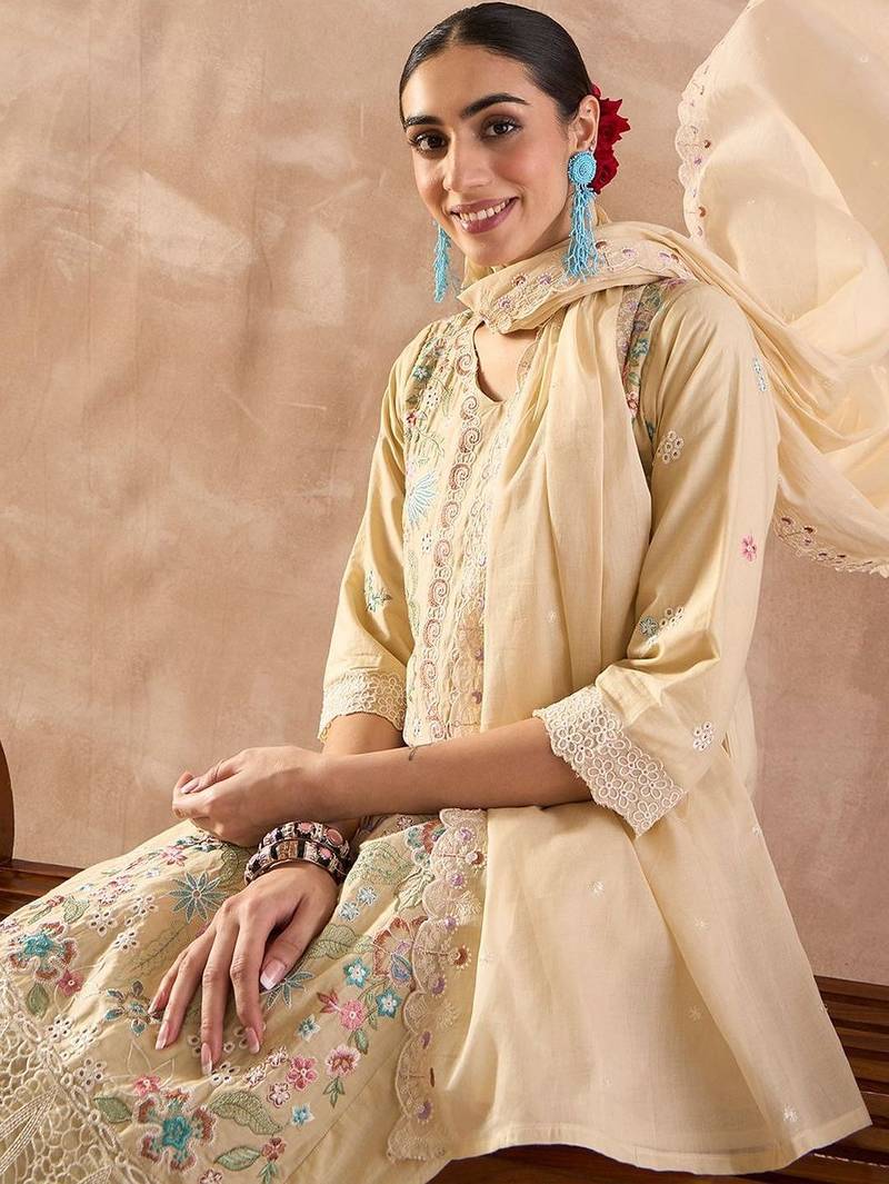 floral embroidered  cotton regular thread work kurta with trousers & dupatta