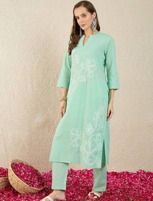 women floral embroidered regular thread work  cotton kurta with trousers 3