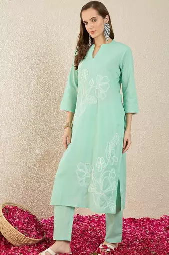 women floral embroidered regular thread work  cotton kurta with trousers