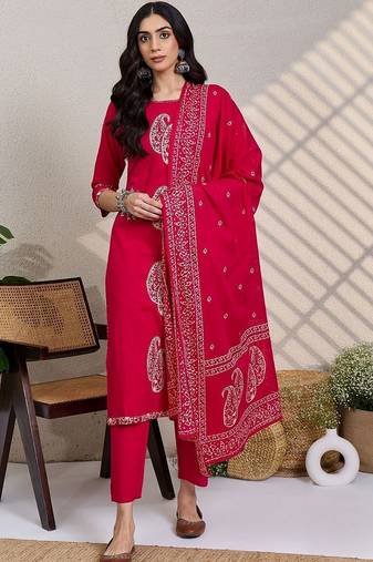 paisley printed thread work  cotton kurta with trousers & dupatta