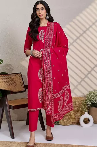 paisley printed thread work  cotton kurta with trousers & dupatta