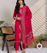 Paisley Printed Thread Work Pure Cotton Kurta With Trousers & Dupatta