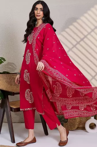 paisley printed thread work  cotton kurta with trousers & dupatta