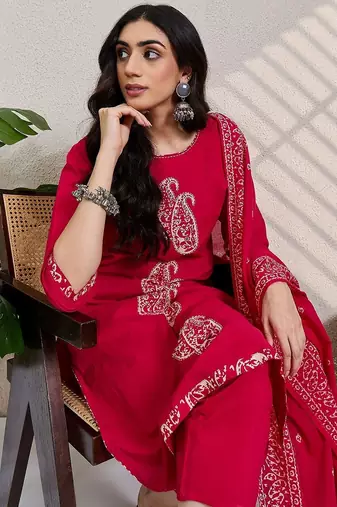 paisley printed thread work  cotton kurta with trousers & dupatta