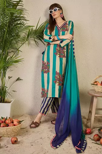 women floral printed regular  cotton kurta with trousers & dupatta