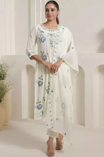 Women Floral Embroidered Thread Work Pure Cotton Kurta with Trousers & Dupatta
