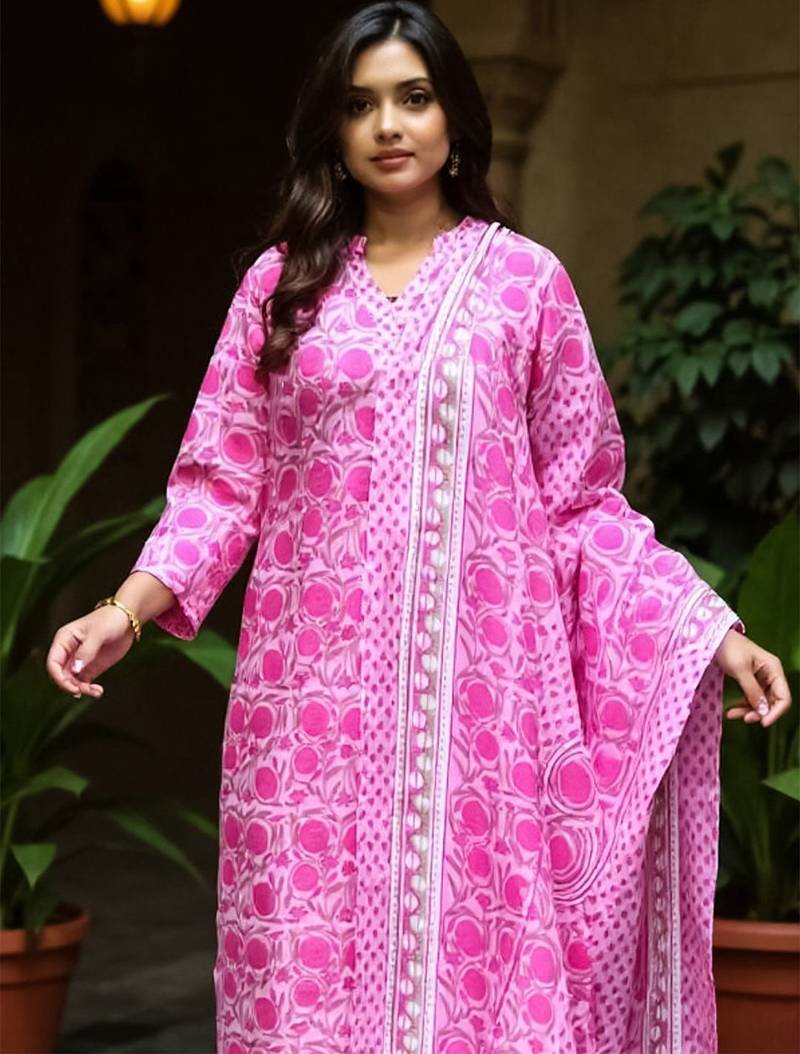 Women Floral Printed Cotton Kurta with Trousers & Dupatta