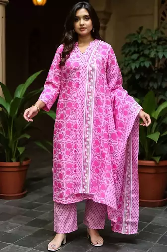 Women Floral Printed Cotton Kurta with Trousers & Dupatta