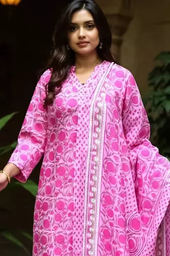 Women Floral Printed Cotton Kurta with Trousers & Dupatta