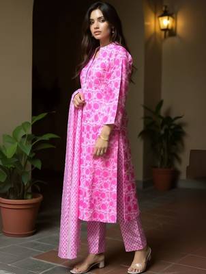 Women Floral Printed Cotton Kurta with Trousers & Dupatta 4