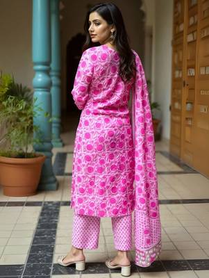 Women Floral Printed Cotton Kurta with Trousers & Dupatta 5