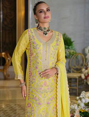 Adults-Women Woven Design Embroidered Kurta with Palazzos & Dupatta 1