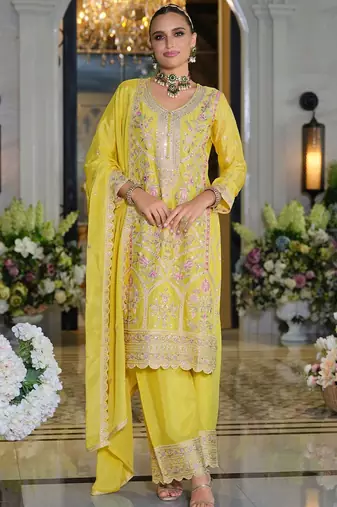 Adults-Women Woven Design Embroidered Kurta with Palazzos & Dupatta