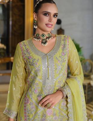 Adults-Women Woven Design Embroidered Kurta with Palazzos & Dupatta 3