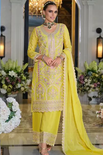 Adults-Women Woven Design Embroidered Kurta with Palazzos & Dupatta