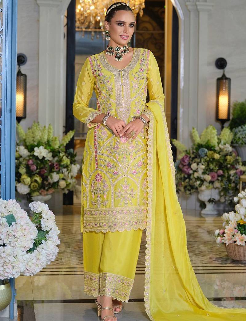 Adults-Women Woven Design Embroidered Kurta with Palazzos & Dupatta