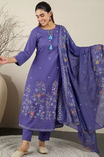 Women Floral Printed Cotton Kurta with Trousers & Dupatta
